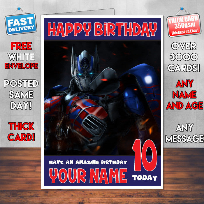 OPTIMUS PRIME BM1 THEME INSPIRED Style PERSONALISED Kids Adult FUNNY Birthday Card