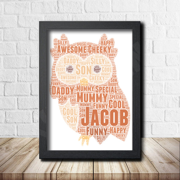 Personalised owl word art print in a black frame