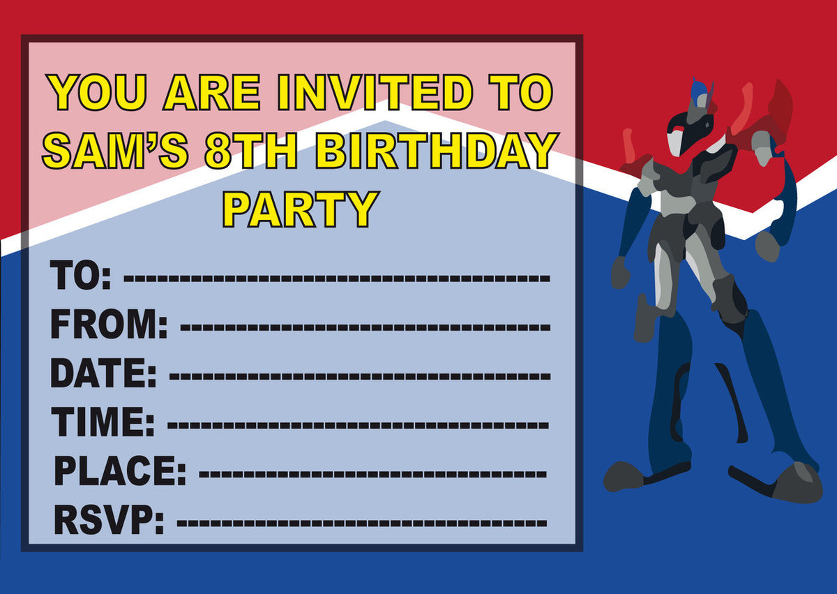10 X Personalised Printed Boys Optimus Prime Transformers INSPIRED STYLE Invites – 10 X Personalised Printed Boys Optimus Prime Transformers Invites