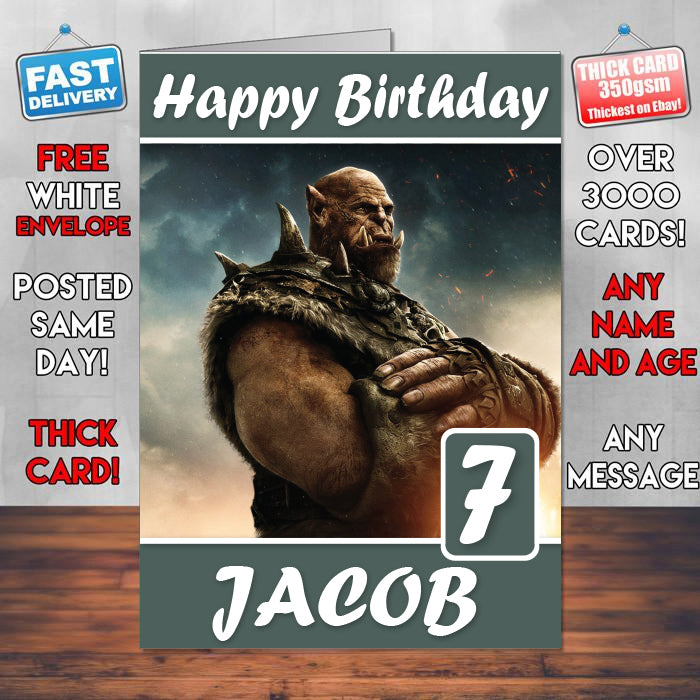 Orgrim Warcraft Theme Style Personalised Kids Inspired Movie Birthday Card (SA)