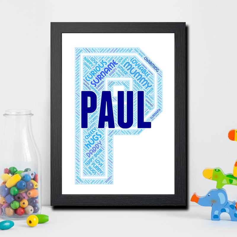 Personalised Name Word Art Poster Print Blue Letter P