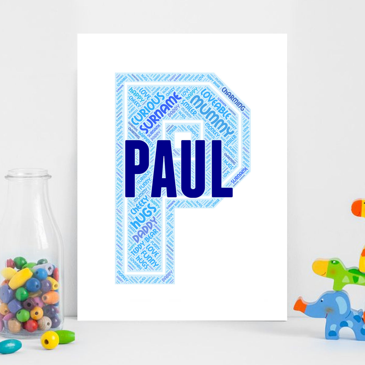 Personalised Name Word Art Poster Print Blue Letter P – Personalised name word art print, blue letter P, print only