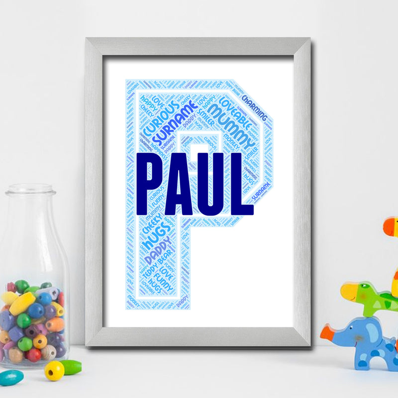 Personalised Name Word Art Poster Print Blue Letter P