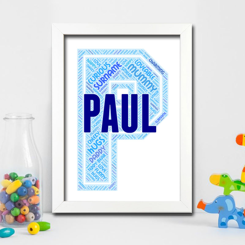 Personalised Name Word Art Poster Print Blue Letter P