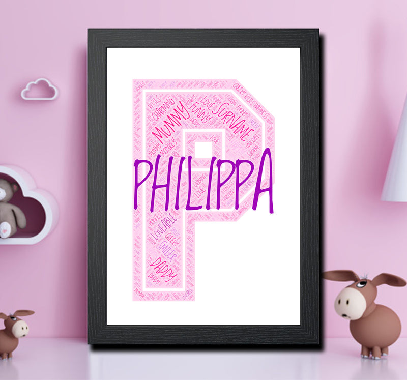 Personalised Name Word Art Poster Print Pink Letter P