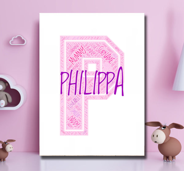 Personalised name word art print, pink letter P, print only