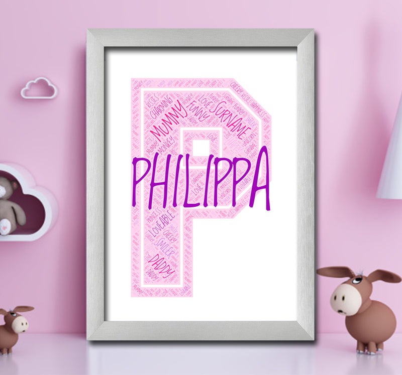 Personalised Name Word Art Poster Print Pink Letter P
