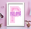 Personalised Name Word Art Poster Print Pink Letter P