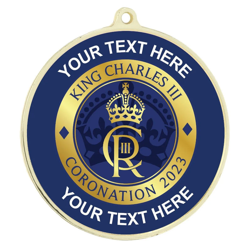 PERSONALISED BLUE CORONATION SCHOOL MEDAL 54MM GOLD