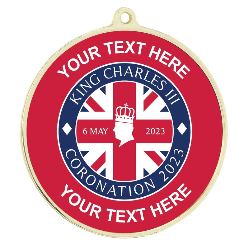 PERSONALISED CORONATION UNION JACK SCHOOL MEDAL 54MM GOLD