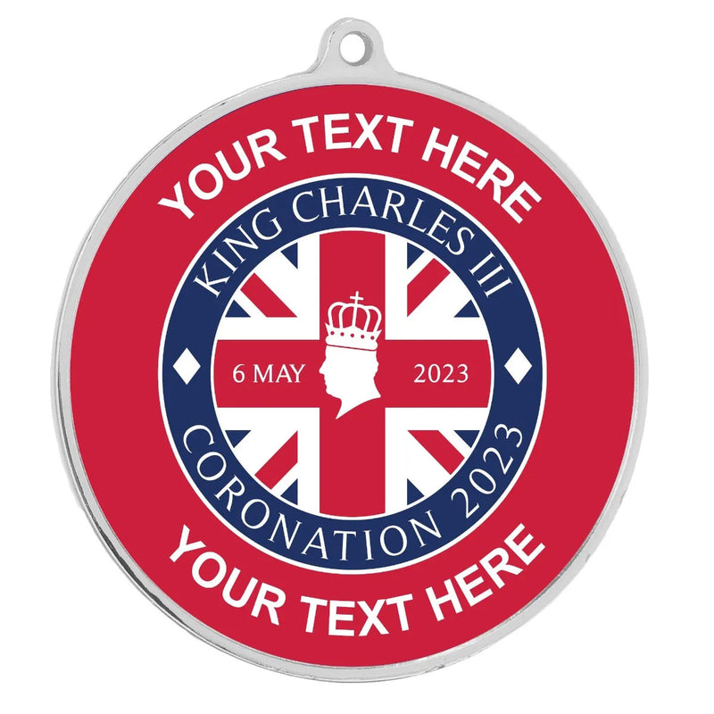 PERSONALISED CORONATION UNION JACK MEDAL 54MM SILVER