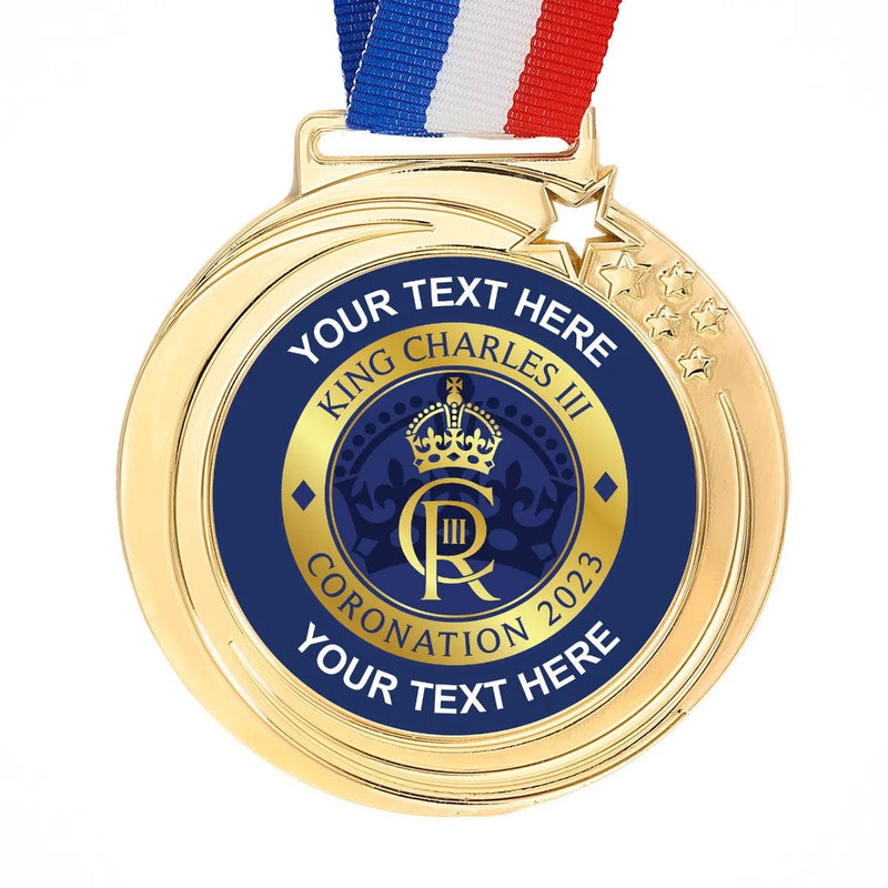 PERSONALISED GOLD CORONATION ROYAL BLUE MEDAL 70MM