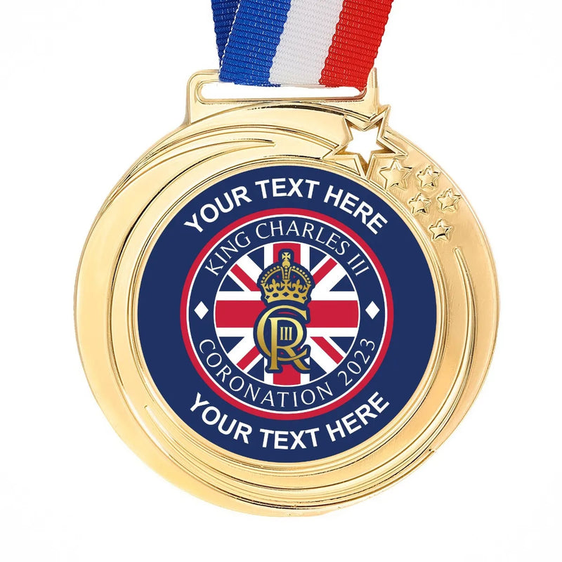 PERSONALISED GOLD STAR CORONATION LOGO SCHOOL MEDAL 70MM