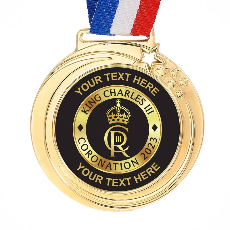 PERSONALISED GOLD STAR STYLISH CORONATION SCHOOL MEDAL 70MM