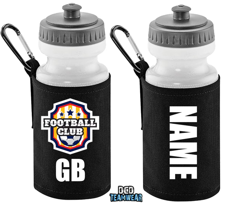 Black Personalised Bottle And Holder - Printed Name And Full Colour Badge - Your Own Personalised Badge
