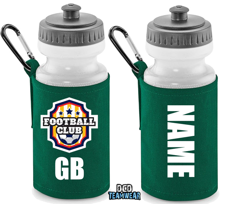 Green Personalised Bottle And Holder - Printed Name And Full Colour Badge - Your Own Personalised Badge