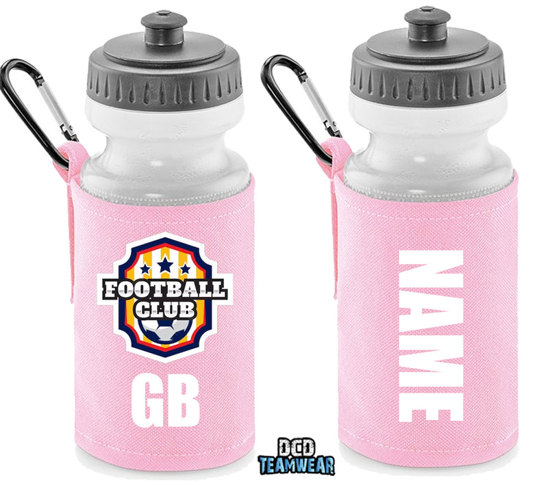 Pink Personalised Bottle And Holder - Printed Name And Full Colour Badge - Your Own Personalised Badge