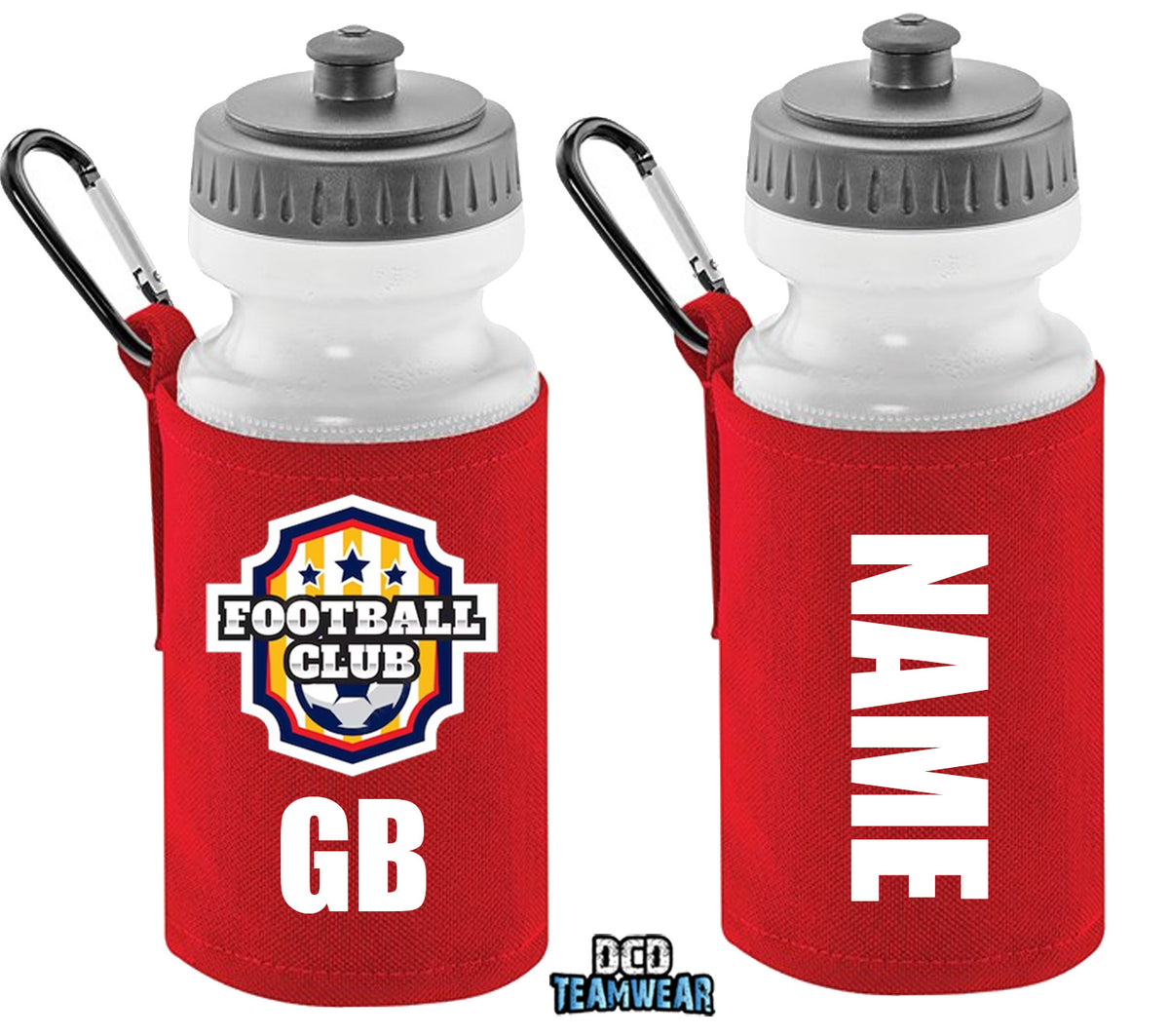 Red Personalised Bottle And Holder - Printed Name And Full Colour Badge - Your