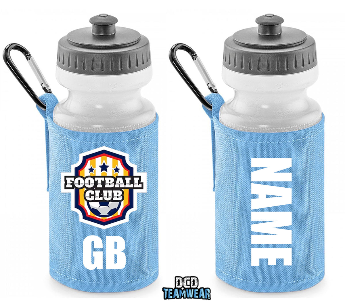 Sky Blue Personalised Bottle And Holder - Printed Name And Full Colour Badge