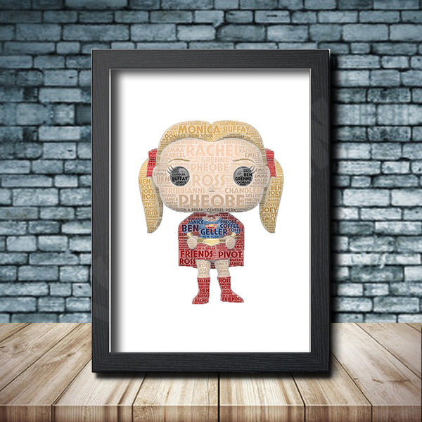 Personalised pop figure word art print inspired by Phoebe Buffay in a black frame