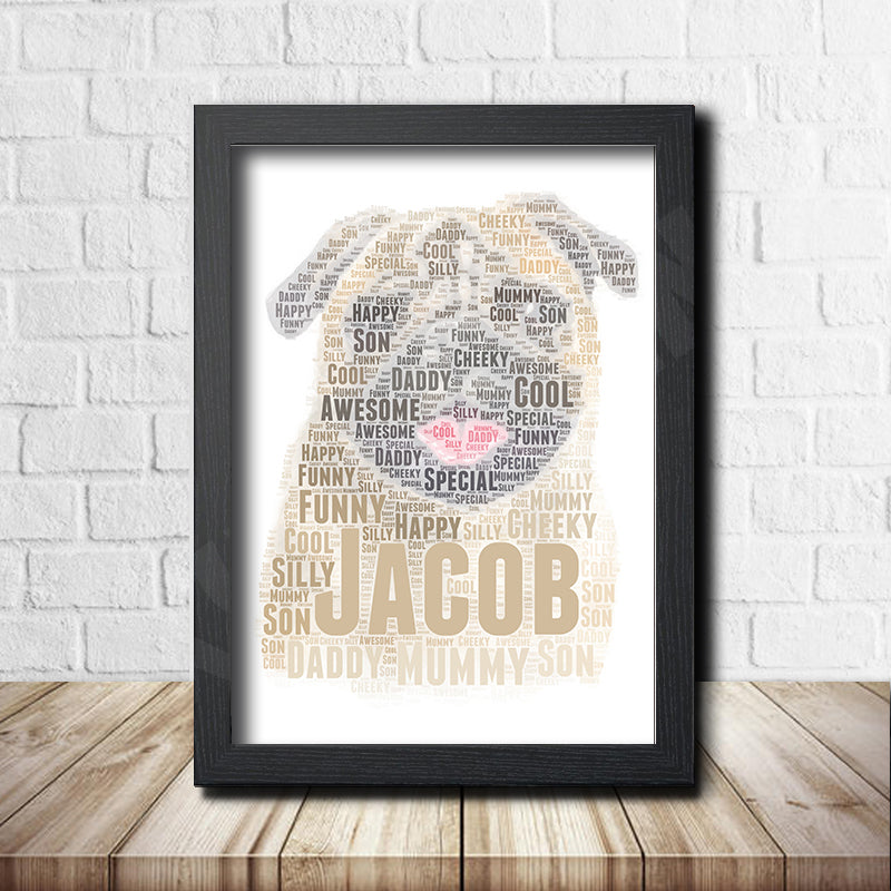 Personalised Pug 1 Word Art Poster Print – Personalised pug word art print in a black frame