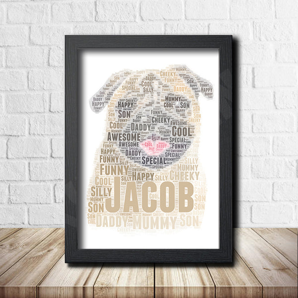 Personalised pug word art print in a black frame