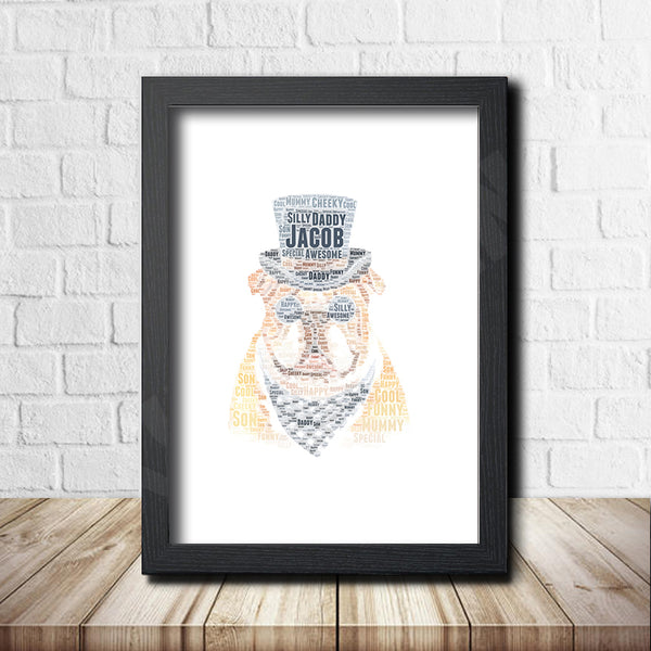 Personalised pug word art print in a black frame
