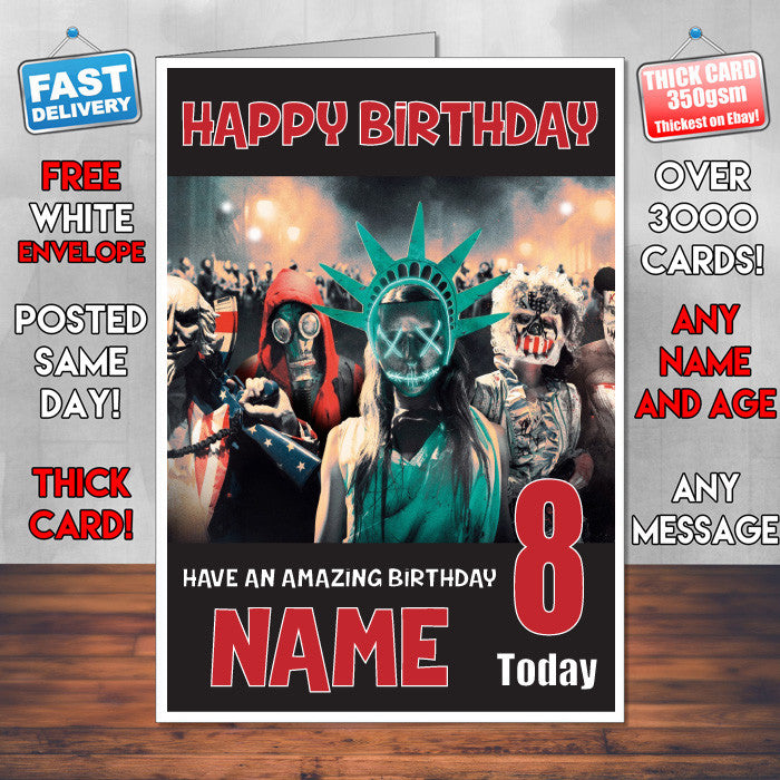PURGE 3 BM2 THEME INSPIRED Style PERSONALISED Kids Adult FUNNY Birthday Card
