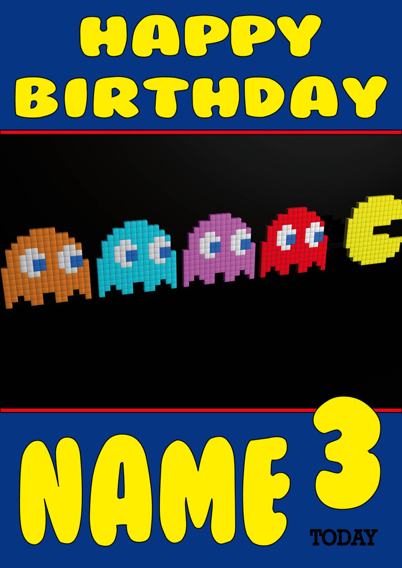 Retro Gaming Pacaman Ghosts THEME INSPIRED Kids Adult Personalised Birthday Card