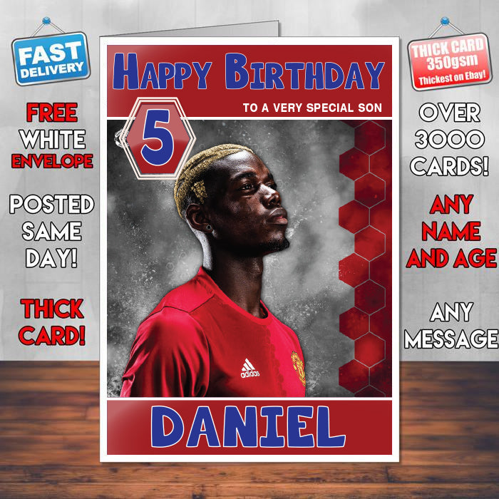 Paul Pogba Manchester United Theme Inspired Kids Inspired Adult Personalised Sports Birthday Card (SA)
