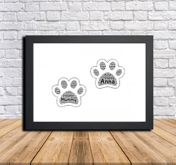 Personalised paw print word art print in a black frame