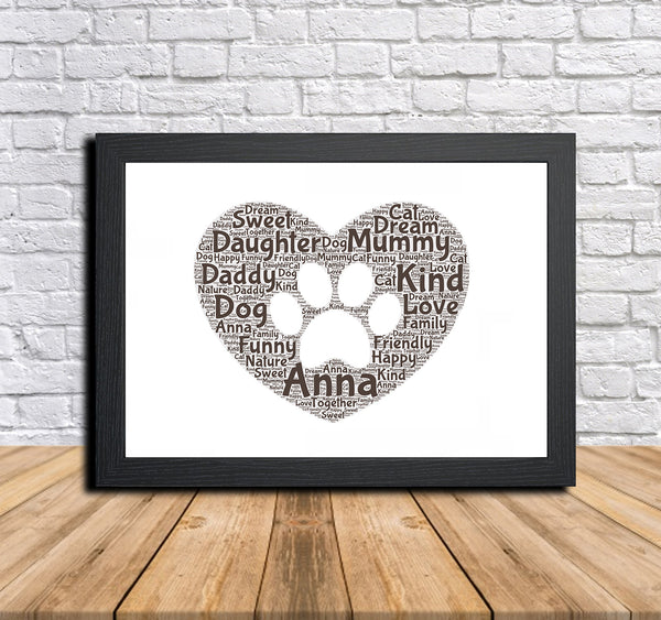 Personalised paw print heart word art print in a black frame