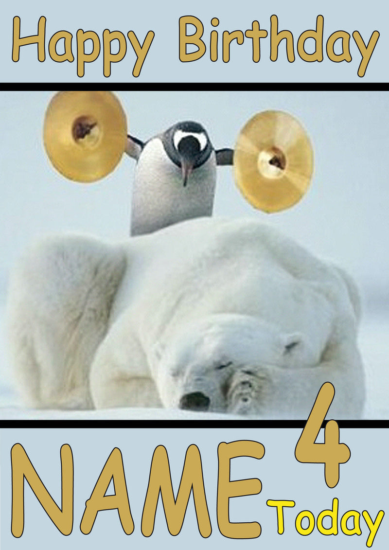 Penguin Waking Polar Bear Funny Kids Adult Personalised Birthday Card Gift Present