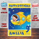 Personalised Baby In Spaceship Style Inspired Cartoon Birthday Card (SA)