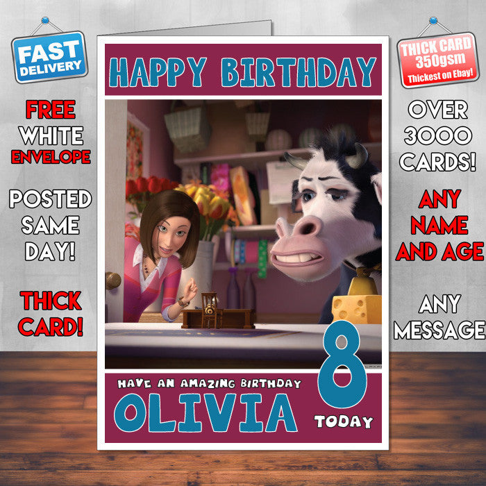 Personalised Cow Jeanette Style Inspired Cartoon Birthday Card (SA)