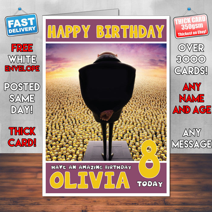 Personalised Despicable Me 2 Gru And Minions Style Inspired Cartoon Birthday Card (SA) – Personalised Despicable Me 2 Gru And Minions Style Inspired Cartoon Birthday
