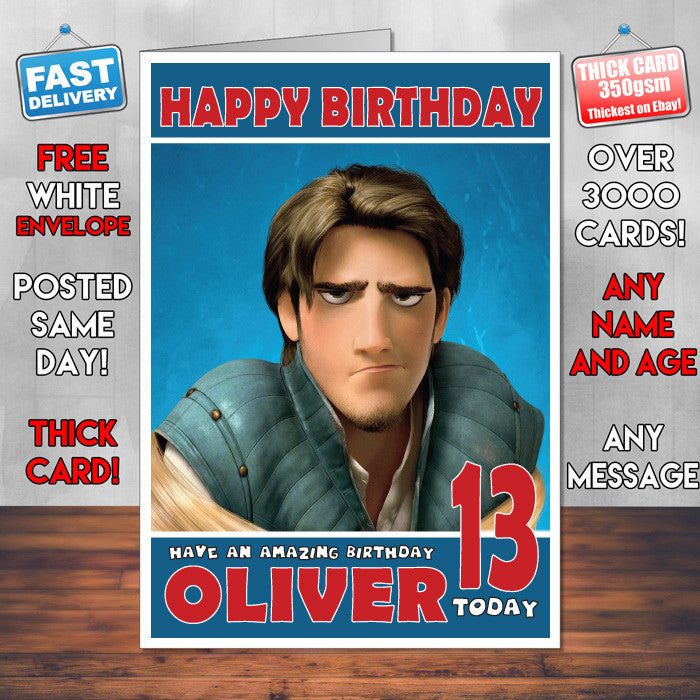 Personalised Flynn Tangled Style Inspired Cartoon Birthday Card (SA)