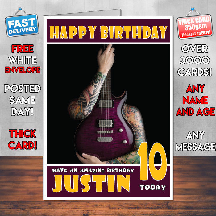 Personalised Guitar Tattoos Celebrity Inspired Style Birthday Card (SA)