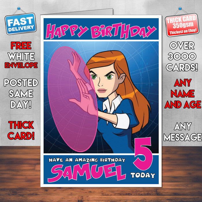 Personalised Gwen Ben 10 Style Inspired Cartoon Birthday Card (SA)