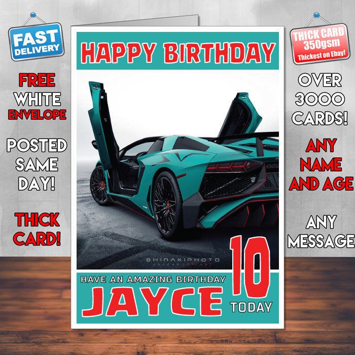 Personalised Kids - Adults - Lamborghini-10 Birthday Card (SA)