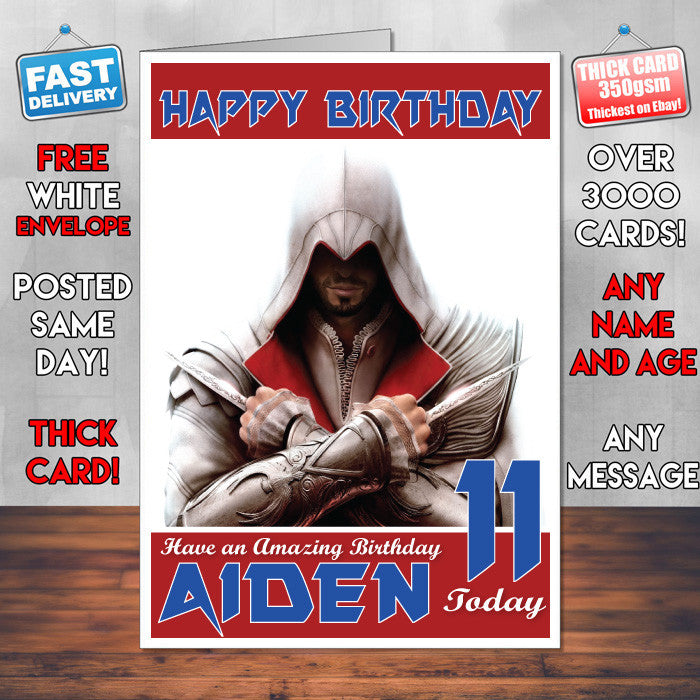 Personalised Kids Assassins Creed Ezio Game Inspired Style Birthday Card (SA)