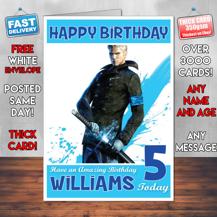 Personalised Kids DMC Vergil Game Inspired Style Birthday Card (SA)