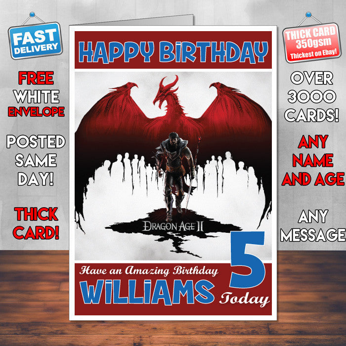 Personalised Kids Dragon Age 3 Game Inspired Style Birthday Card (SA)