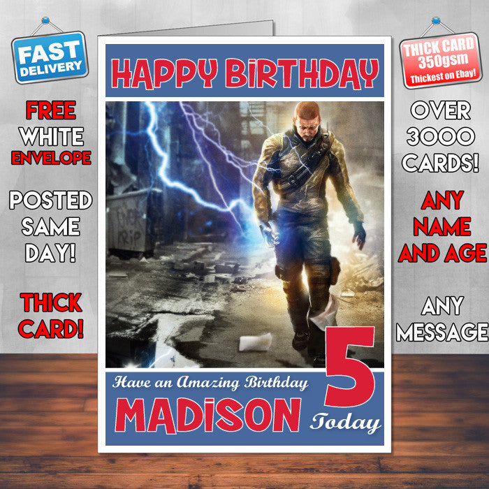Personalised Kids Infamous 3 Game Inspired Style Birthday Card (SA)
