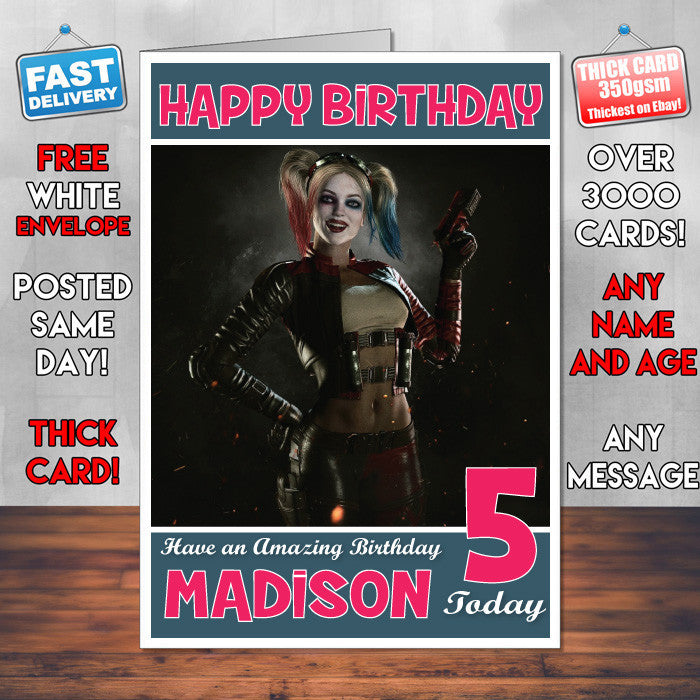 Personalised Kids Injustice 2 Harley Quinn Game Inspired Style Birthday Card (SA)