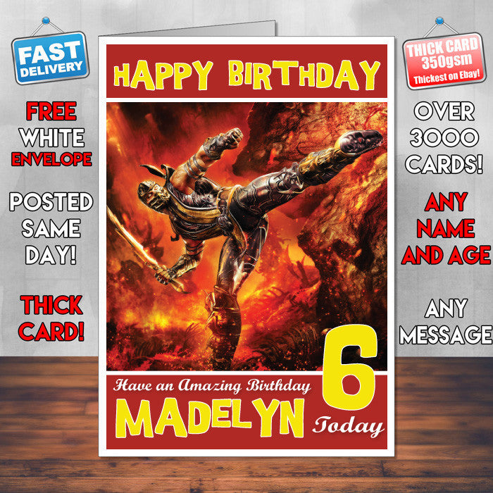 Personalised Kids Mortal Komabt 9 Scorpion Game Inspired Style Birthday Card (SA)