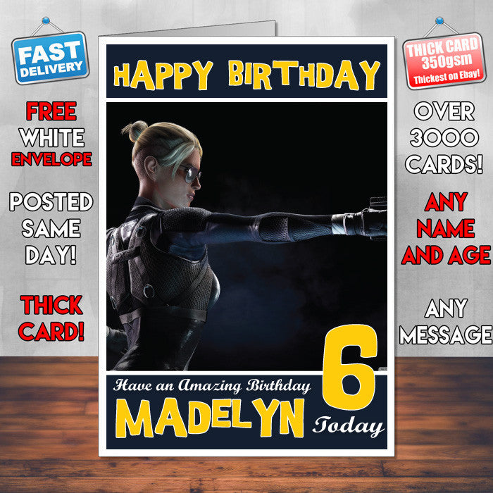 Personalised Kids Mortal Komabt Cassie Cage Game Inspired Style Birthday Card (SA)
