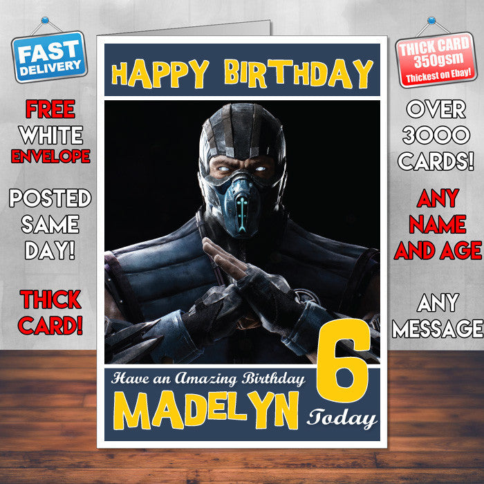 Personalised Kids Mortal Komabt Sub Zero Game Inspired Style Birthday Card (SA)