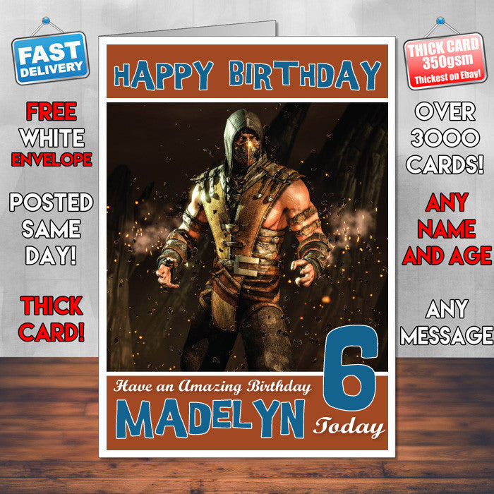 Personalised Kids Mortal Komabt X Scorpion Game Inspired Style Birthday Card (SA)