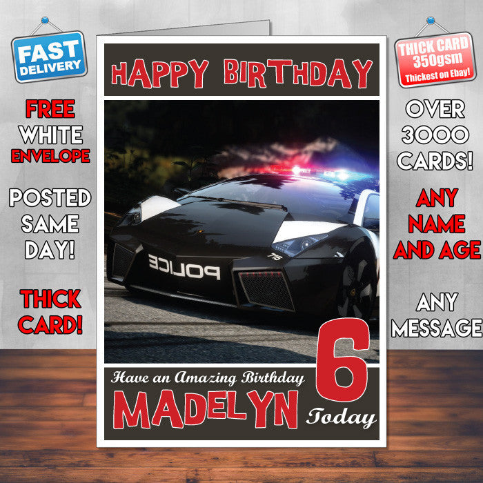 Personalised Kids Need Fo Speed Hot Pursuit Game Inspired Style Birthday Card (SA)